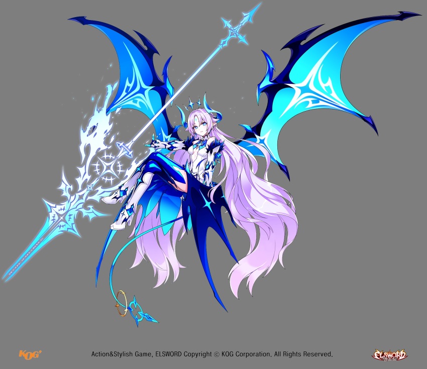 1girl blue_boots blue_bow blue_eyes blue_thighhighs boots bow closed_mouth crossed_legs detached_sleeves elsword female_focus floating full_body highres horns hwansang ishtar_(elsword) knee_boots long_hair looking_away luciela_r._sourcream magic official_art pointy_ears smile solo tail thighhighs tiara twintails white_hair