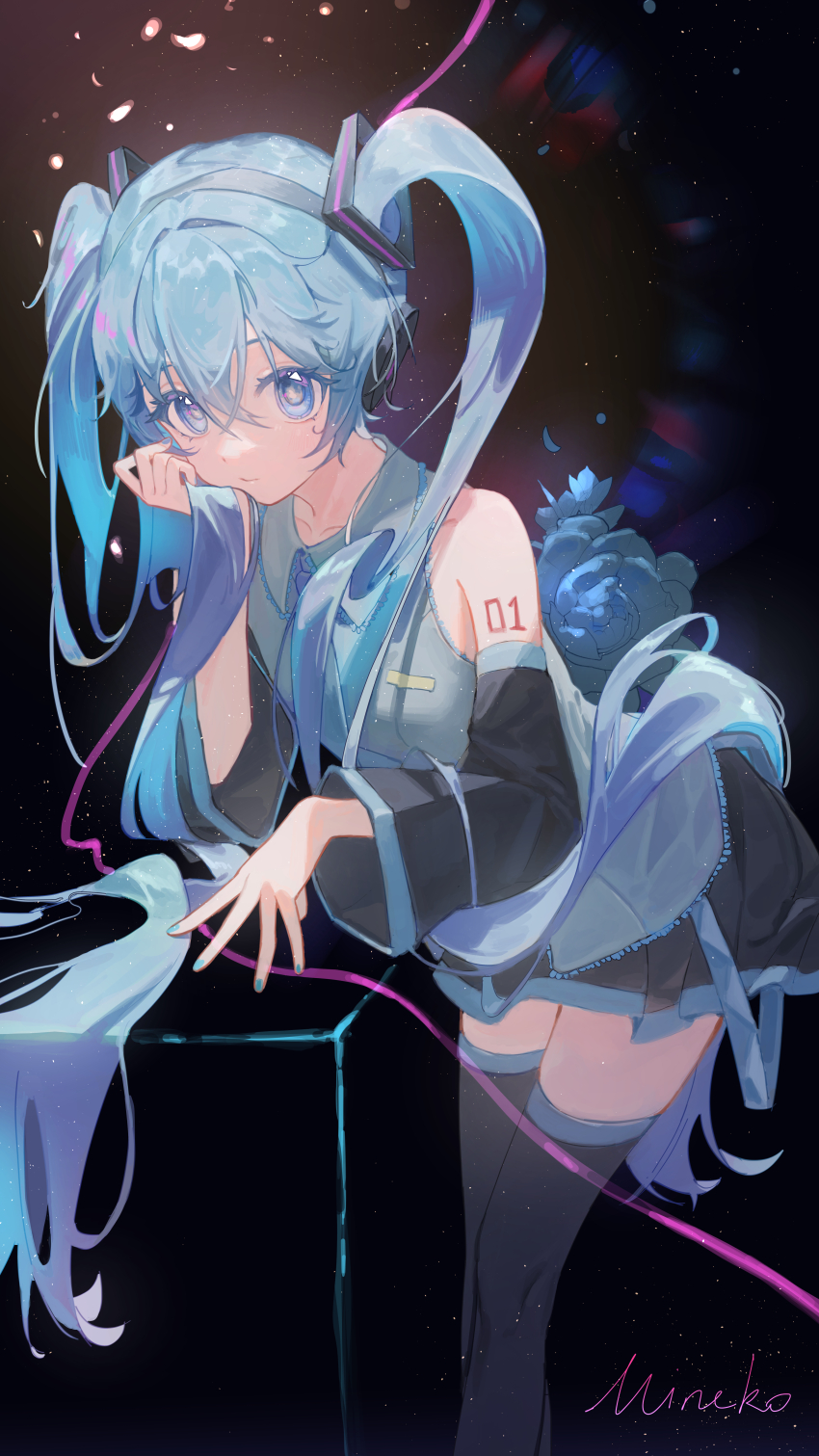 1girl absurdres arm_tattoo artist_name bare_shoulders bent_over black_skirt black_sleeves black_thighhighs blue_eyes blue_hair blue_nails blue_necktie blue_trim breasts bright_pupils closed_mouth collarbone collared_shirt colored_eyelashes commentary detached_sleeves english_commentary feet_out_of_frame frilled_shirt frilled_shirt_collar frills grey_shirt hair_between_eyes hair_flowing_over hair_intakes hair_ornament hand_in_own_hair hand_on_own_face hatsune_miku headphones highres light_particles long_hair long_sleeves looking_at_viewer miniskirt nail_polish necktie number_tattoo pleated_skirt shirt simple_background skirt sleeveless sleeveless_shirt small_breasts solo standing tattoo thighhighs twintails very_long_hair vocaloid wusubamineko