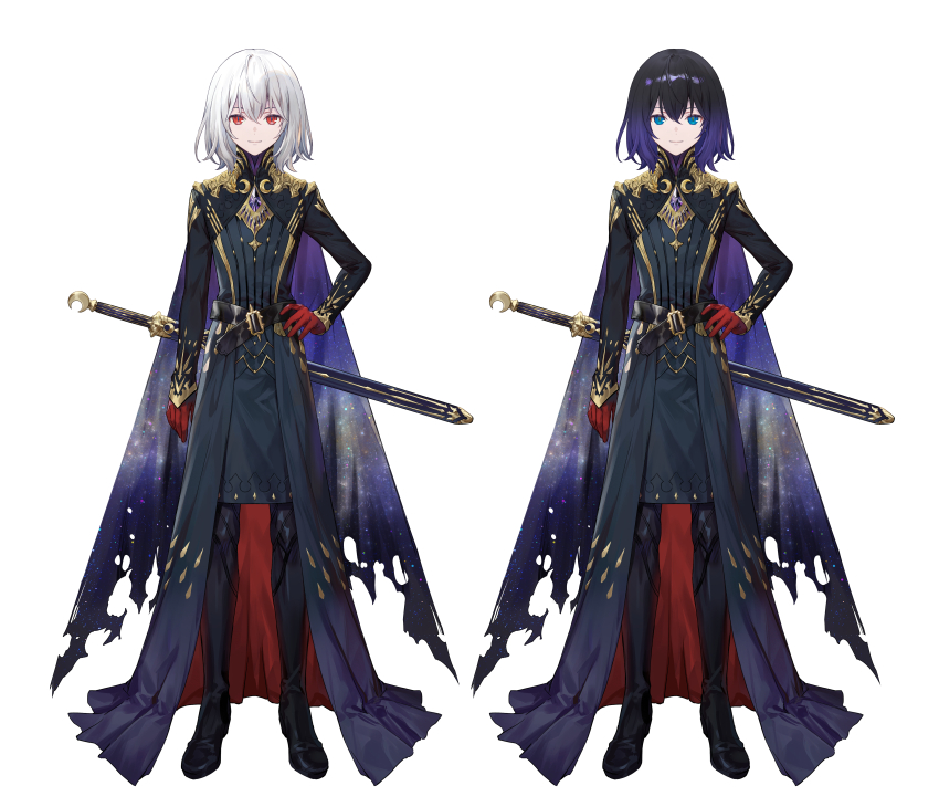 1boy absurdres androgynous arm_at_side azu-taro belt belt_buckle black_belt black_boots black_coat blue_eyes boots buckle cape closed_mouth coat crescent full_body gem gloves gold_trim hair_between_eyes hand_on_own_hip high-low_coat highres indie_virtual_youtuber light_smile long_sleeves looking_at_viewer male_focus medium_hair multiple_views official_art purple_cape purple_gemstone purple_hair red_coat red_eyes red_gloves roi_noir sheath sheathed sleeves_past_wrists solo standing starry_sky_print straight-on sword tachi-e thigh_boots torn_cape torn_clothes turtleneck two-sided_coat two-sided_fabric variations virtual_youtuber weapon white_hair