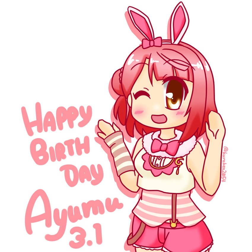 1girl ;) animal_ears animal_print arm_warmers artist_name artist_request bare_shoulders blush bow bowtie braid braided_bun breasts buttons cowboy_shot crescent_moon crescent_moon_symbol cropped_vest dated detached_sleeves exciting_animal_(love_live!) fake_animal_ears female_focus fur-trimmed_shorts fur_trim green_eyes hair_bow hair_bun hairband highres hood hooded_vest hoodie looking_at_viewer love_live! love_live!_nijigasaki_high_school_idol_club love_live!_school_idol_festival love_live!_school_idol_festival_all_stars moon one_eye_closed orange_hair pants parted_lips pink_bow pink_shirt rabbit_ears rabbit_pose rabbit_print rabbit_tail red_bow red_hair red_shorts shirt short_hair short_pants short_shorts shorts side_bun single_detached_sleeve single_side_bun sleeveless sleeveless_hoodie small_breasts smile solo striped_clothes striped_shirt suspender_shorts suspenders tail uehara_ayumu vest white_background white_hairband white_hoodie white_vest wink yellow_eyes