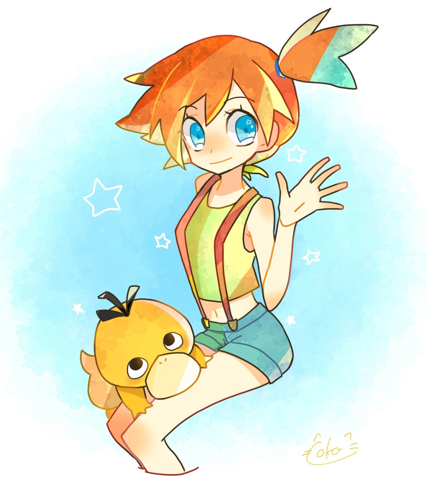 1girl bad_id bad_pixiv_id blue_background blue_eyes blue_shorts closed_mouth crop_top cropped_legs denim denim_shorts gen_1_pokemon hair_tie hand_up looking_at_viewer midriff misty_(pokemon) navel nintendo on_lap orange_hair pokemon pokemon_(anime) pokemon_(classic_anime) pokemon_(creature) ponytail psyduck shirt short_hair short_shorts shorts side_ponytail sitting sleeveless sleeveless_shirt smile star_(symbol) suspender_shorts suspenders waving yellow_shirt