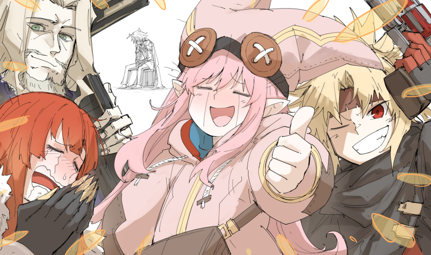 2boys 3girls alternate_eye_color beard blonde_hair crying facial_hair fate/grand_order fate_(series) green_eyes grin gun habetrot_(fate) hat headband highres holding holding_gun holding_weapon james_moriarty_(ruler)_(fate) kankan33333 miss_crane_(fate) miss_crane_(second_ascension)_(fate) mordred_(fate) mordred_(fate/apocrypha) multiple_boys multiple_girls pink_hair pointy_ears praying red_eyes red_hair sitting smile streaming_tears tears thumbs_up vlad_iii_(fate/apocrypha) weapon
