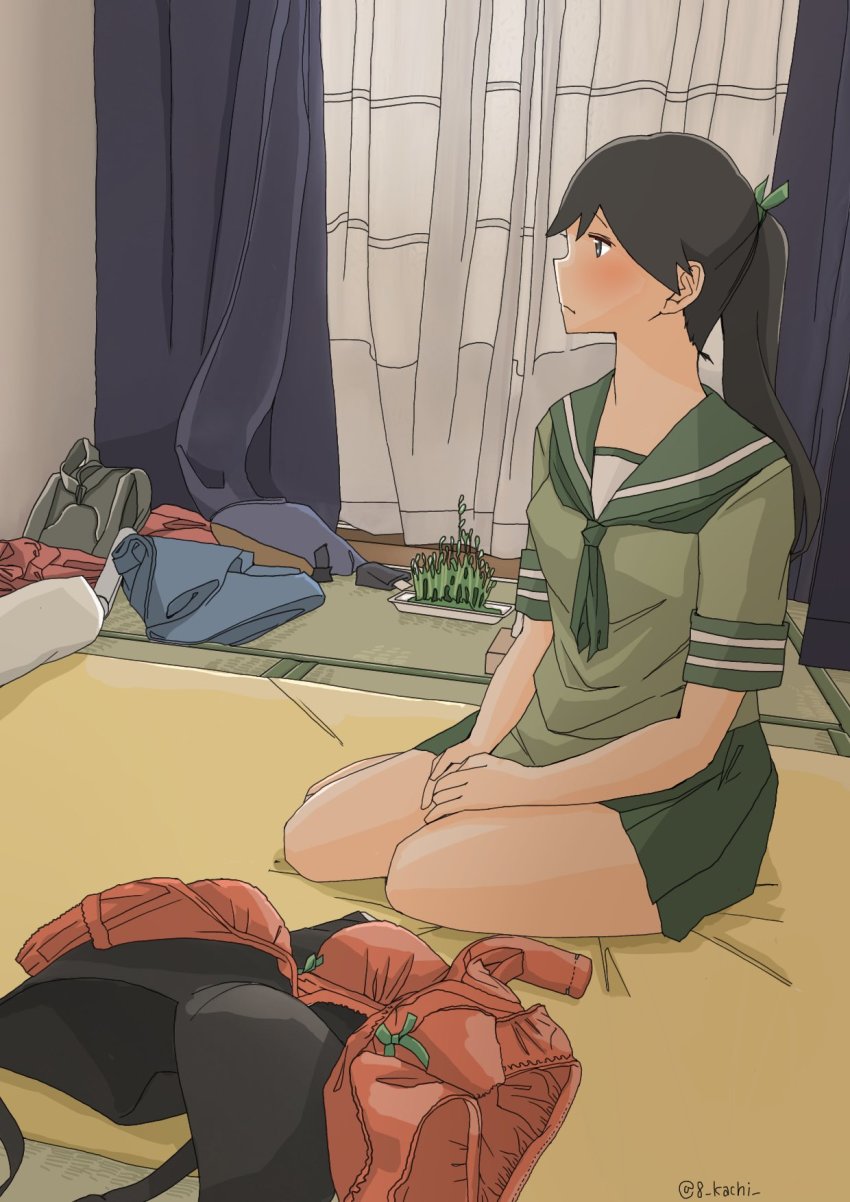 1girl black_hair cosplay highres houshou_(kancolle) kachi_(kachi5100) kantai_collection kitakami_(kancolle) kitakami_(kancolle)_(cosplay) kneeling ponytail sailor_collar school_uniform serafuku skirt solo