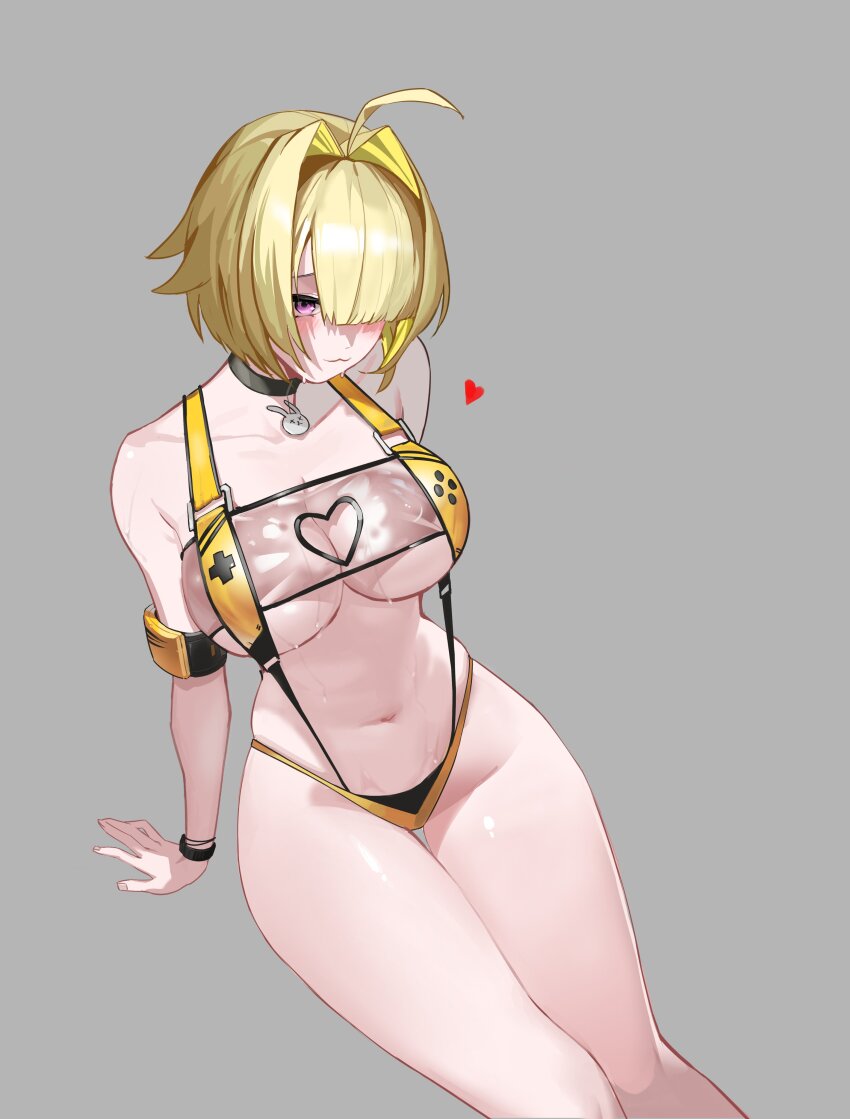 1girl absurdres bikini blonde_hair clothing_cutout elegg_(boom_and_shock)_(nikke) elegg_(nikke) goddess_of_victory:_nikke grey_background hair_over_eyes heart_cutout highres long_bangs navel official_alternate_costume purple_eyes see-through_bikini see-through_clothes see-through_slingshot_swimsuit seueo simple_background slingshot_swimsuit solo swimsuit yellow_slingshot_swimsuit