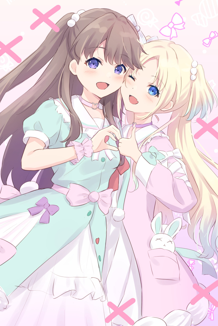 2girls :d ;d absurdres blonde_hair blue_eyes blue_hair bow brown_hair candy cheek-to-cheek choker commentary dress fang food food-themed_background frilled_dress frills fujishima_megumi gradient_hair green_dress hair_bobbles hair_ornament hair_ribbon hakuchu_a_la_mode_(love_live!) hanazora_satsuki hand_up heads_together heart heart_choker heart_hands_failure heart_o-ring heart_ring_choker highres in_pocket light_blue_hair link!_like!_love_live! long_hair long_sleeves love_live! mira-cra_park! multicolored_dress multicolored_hair multiple_girls o-ring o-ring_choker official_alternate_costume one_eye_closed open_mouth osawa_rurino parted_bangs pink_background pink_choker pink_dress puffy_short_sleeves puffy_sleeves purple_eyes ribbon sailor_collar sailor_dress short_sleeves skin_fang smile stuffed_animal stuffed_rabbit stuffed_toy thumbs_up twintails two_side_up virtual_youtuber waist_bow white_dress white_ribbon white_sailor_collar x_x