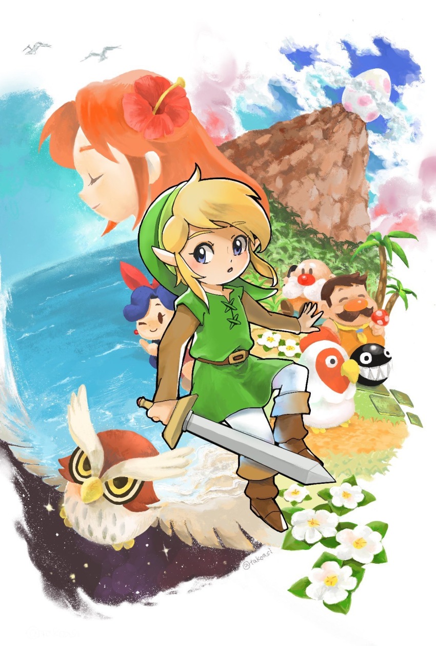 2girls 3boys beak belt bird blonde_hair blue_eyes boots brown_belt brown_footwear chain_chomp closed_eyes crazy_tracy cucco earrings egg facial_hair flower green_headwear green_tunic hair_flower hair_ornament hibiscus highres holding holding_mushroom holding_sword holding_weapon jewelry kaepora_gaebora link long_sleeves marin_(zelda) mountain multiple_boys multiple_girls mushroom mustache neckerchief nintendo ocean old_man_ulrira_(zelda) one_eye_closed open_mouth palm_tree pants pointy_ears red_nose seagull sharp_teeth sidelocks smile sword takoshi_(shiroan) tarin teeth the_legend_of_zelda the_legend_of_zelda:_link&#039;s_awakening tree tunic weapon white_flower white_pants windfish&#039;s_egg yellow_eyes yellow_neckerchief