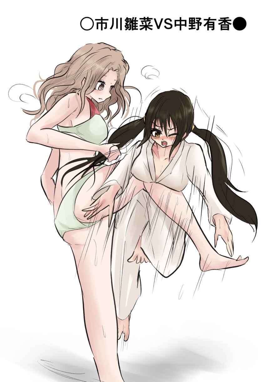 2girls artist_request catfight highres ichikawa_hinana idolmaster idolmaster_cinderella_girls kicking multiple_girls nakano_yuka tagme