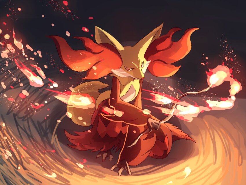 animal_ear_fluff commentary_request delphox fire fusenryo gen_6_pokemon holding holding_stick multicolored_fur nintendo pokemon pokemon_(creature) red_eyes red_fur snout stick tail white_fur yellow_fur