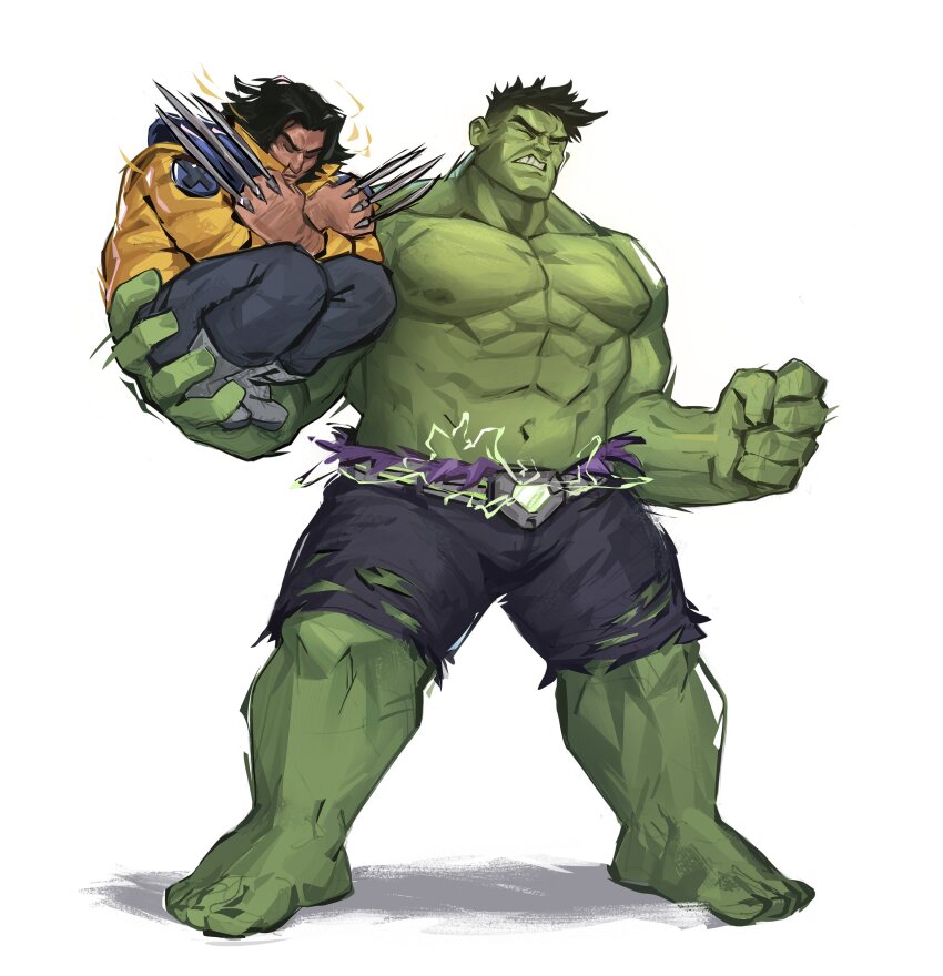 2boys abs absurdres barefoot black_hair black_pants black_shorts claws colored_skin green_skin highres hulk jacket marvel multiple_boys muscular muscular_male pants short_hair shorts simple_background topless_male torn_clothes torn_shorts viviannecore wolverine_(x-men) x-men yellow_jacket