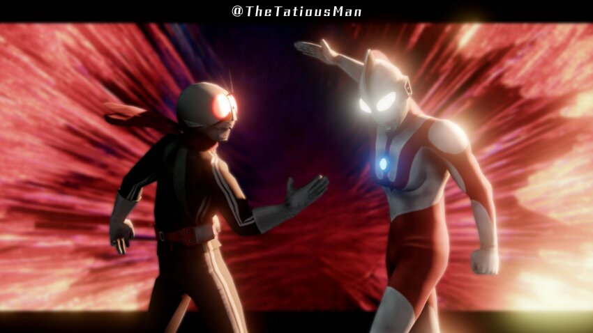 2boys alien antennae armor belt color_timer crossover giant_of_light gloves glowing glowing_eyes helmet highres kamen_rider kamen_rider_(1st_series) kamen_rider_1 male_focus mask multiple_boys red_eyes red_scarf rider_belt scarf silver_gloves silver_skin tatious tokusatsu ultra_series ultraman ultraman_(1st_series) yellow_eyes