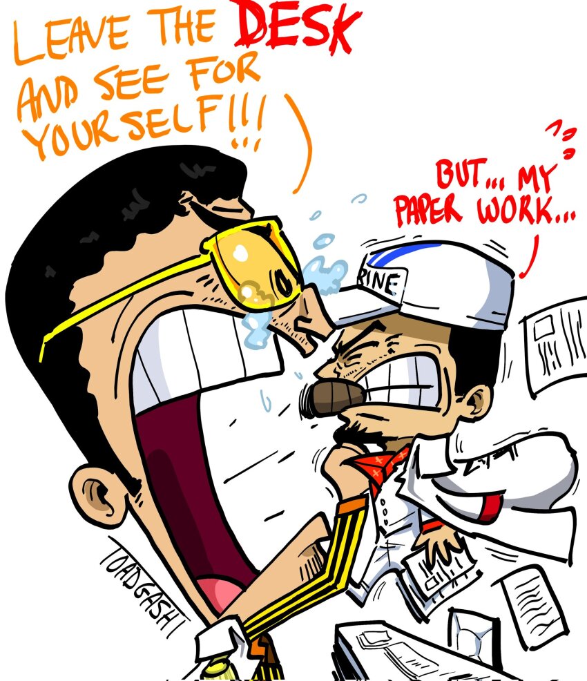! !! ... 2boys angry beard black_hair cheating_(relationship) clenched_teeth coat coat_on_shoulders disgust english_text epaulettes face-to-face facial_hair floating_clothes formal_clothes highres humiliation jacket kizaru_(one_piece) military_uniform multiple_boys one_piece parody sakazuki_(one_piece) short_hair smoking striped_clothes striped_jacket style_parody suit tears teeth the_fairly_oddparents toadgashi toon_(style) trembling vertical-striped_clothes vertical-striped_jacket white_background white_coat yellow_suit