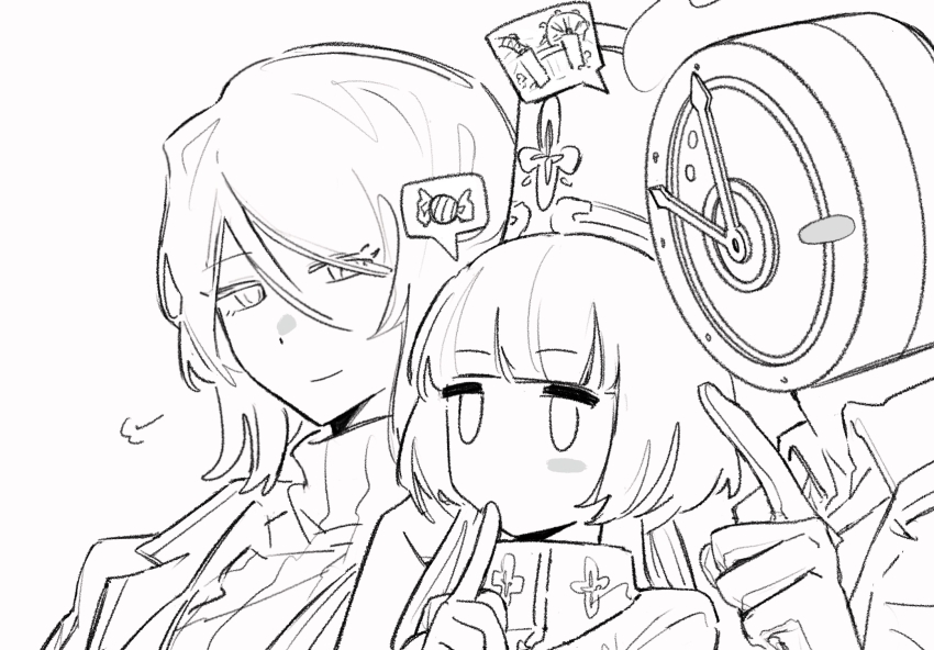 1other 2girls blush_stickers charon_(project_moon) clock closed_mouth coat dante_(limbus_company) faust_(project_moon) fire hand_up highres index_finger_raised ivy_(675671) lapels limbus_company long_hair low_twintails multiple_girls notched_lapels object_head portrait project_moon ribbed_sweater short_hair smile sweat sweater twintails very_long_hair vest