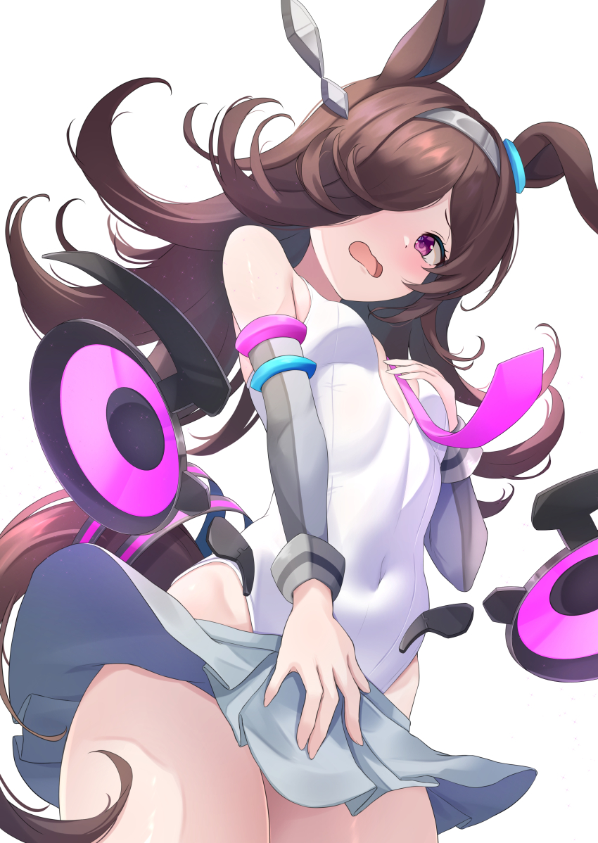 1girl absurdres animal_ears breasts commentary_request cosplay covered_navel hair_over_one_eye highres horse_ears horse_girl horse_tail leotard looking_at_viewer maimuu mihono_bourbon_(umamusume) mihono_bourbon_(umamusume)_(cosplay) necktie purple_necktie rice_shower_(umamusume) simple_background small_breasts solo tail thighs umamusume white_background white_leotard