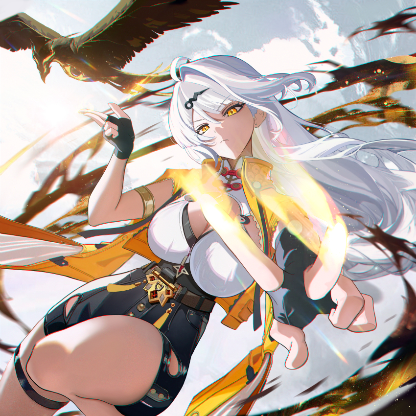 1girl absurdres armlet bird black_bird black_gloves black_shorts breasts chromatic_aberration cleavage closed_mouth commentary fingerless_gloves gloves hair_ornament hand_up high-waist_shorts highres jacket jewelry kuji-in large_breasts long_hair looking_at_viewer nervi_fd orange_eyes shirt shorts solo thighs white_hair white_shirt yellow_jacket yi_xuan_(zenless_zone_zero) zenless_zone_zero