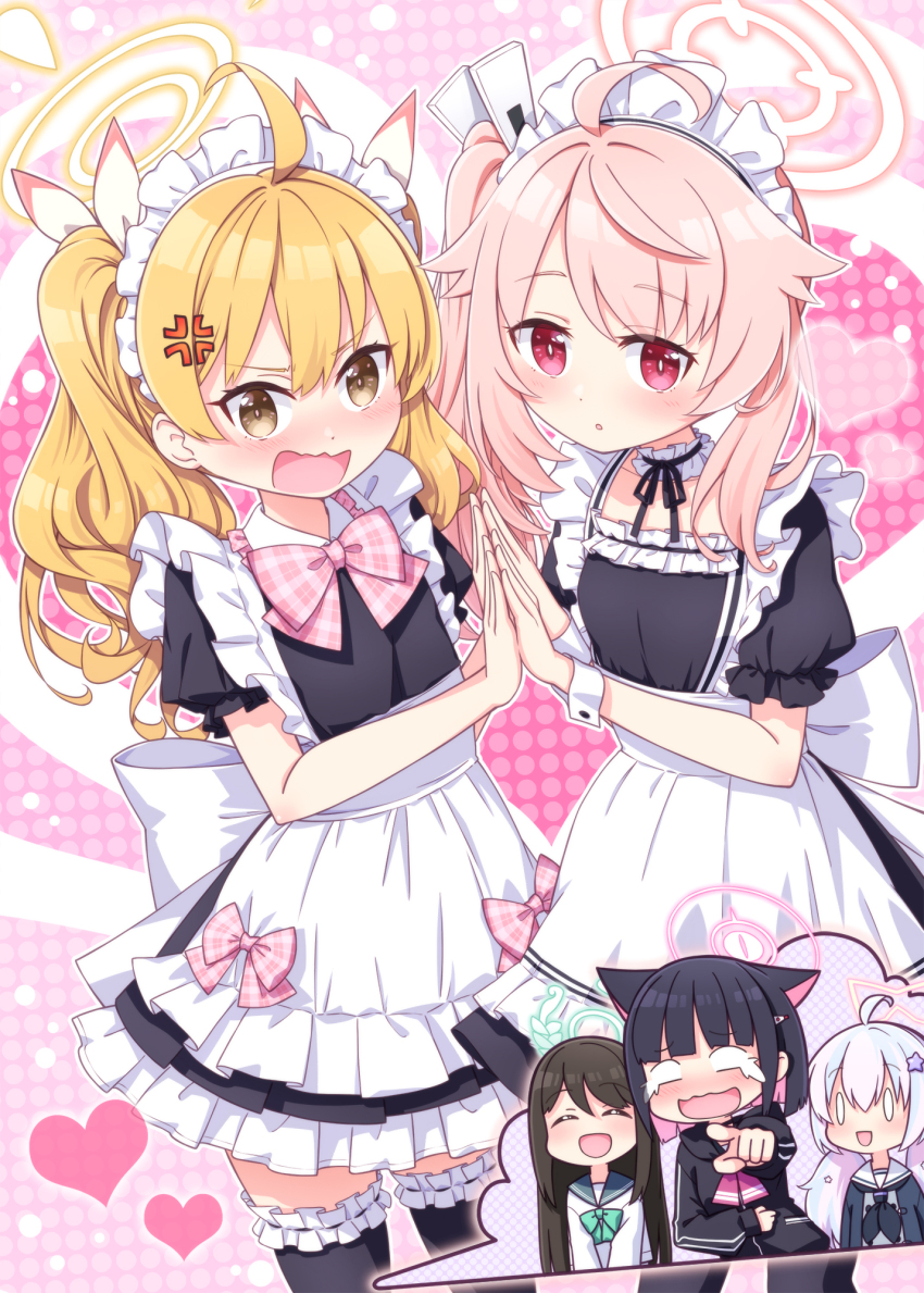 0_0 5girls :d ^_^ ahoge airi_(blue_archive) alternate_costume anger_vein apron black_dress black_hair black_jacket black_thighhighs blonde_hair blue_archive blue_sailor_collar blush brown_eyes brown_hair closed_eyes commentary_request crying dress enmaided frilled_apron frilled_dress frilled_thighhighs frills grey_hair grey_shirt hair_between_eyes hair_ribbon halo harada_(sansei_rain) heart heart_background highres hood hood_down hooded_jacket jacket kazusa_(blue_archive) laughing low_twintails maid multicolored_hair multiple_girls natsu_(blue_archive) nose_blush open_mouth pink_hair pointing polka_dot polka_dot_background puffy_short_sleeves puffy_sleeves red_eyes reisa_(blue_archive) ribbon sailor_collar shirt short_sleeves side_ponytail smile streaming_tears tears thighhighs twintails two-tone_hair v-shaped_eyebrows white_apron white_ribbon white_sailor_collar white_shirt yoshimi_(blue_archive)