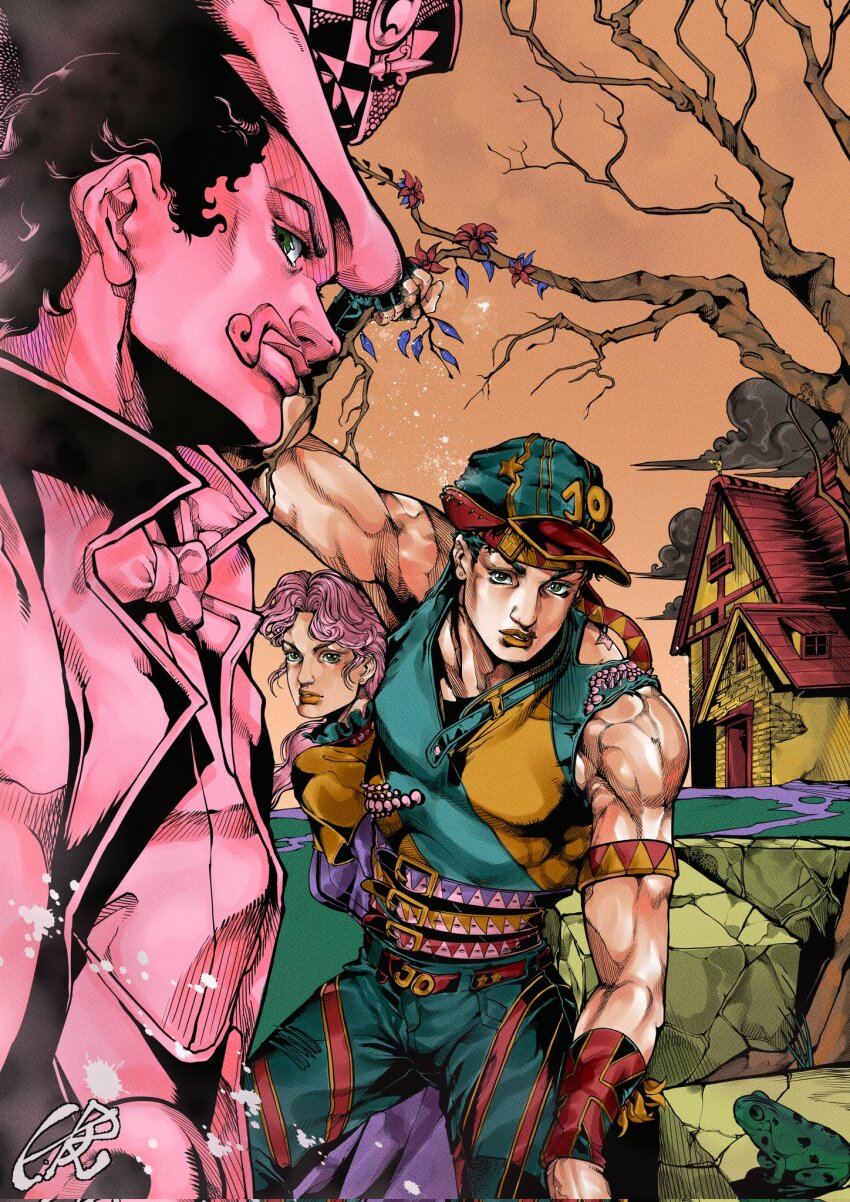 1girl 2boys araki_hirohiko_(style) armband belt birthmark black_hair blue_shirt bow bowtie branch closed_mouth cloud erina_pendleton facial_hair flower green_eyes hat highres holding holding_branch house joestar_birthmark jojo_no_kimyou_na_bouken jonathan_joestar looking_at_viewer male_focus multiple_belts multiple_boys muscular muscular_male mustache outdoors pants phantom_blood pink_hair pink_theme raatha2909 shirt short_hair signature sleeveless smile striped_clothes striped_pants top_hat tree triangle_print two-tone_shirt union_jack_print will_anthonio_zeppeli wristband yellow_shirt