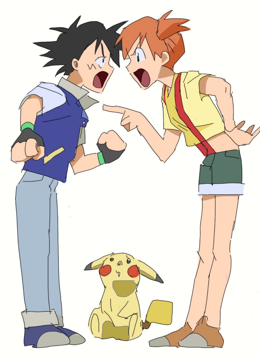 1boy 1girl angry arguing ash_ketchum black_hair blue_footwear blue_pants brown_footwear clenched_hands eye_contact fingerless_gloves gen_1_pokemon gloves hand_on_own_hip highres jacket looking_at_another misty_(pokemon) nashubi_(to_infinity_wow) nintendo open_mouth orange_hair pants pikachu pokemon pokemon_(anime) pokemon_(classic_anime) pokemon_(creature) ponytail shirt shoes short_ponytail shorts side_ponytail standing suspenders tongue white_background yellow_shirt