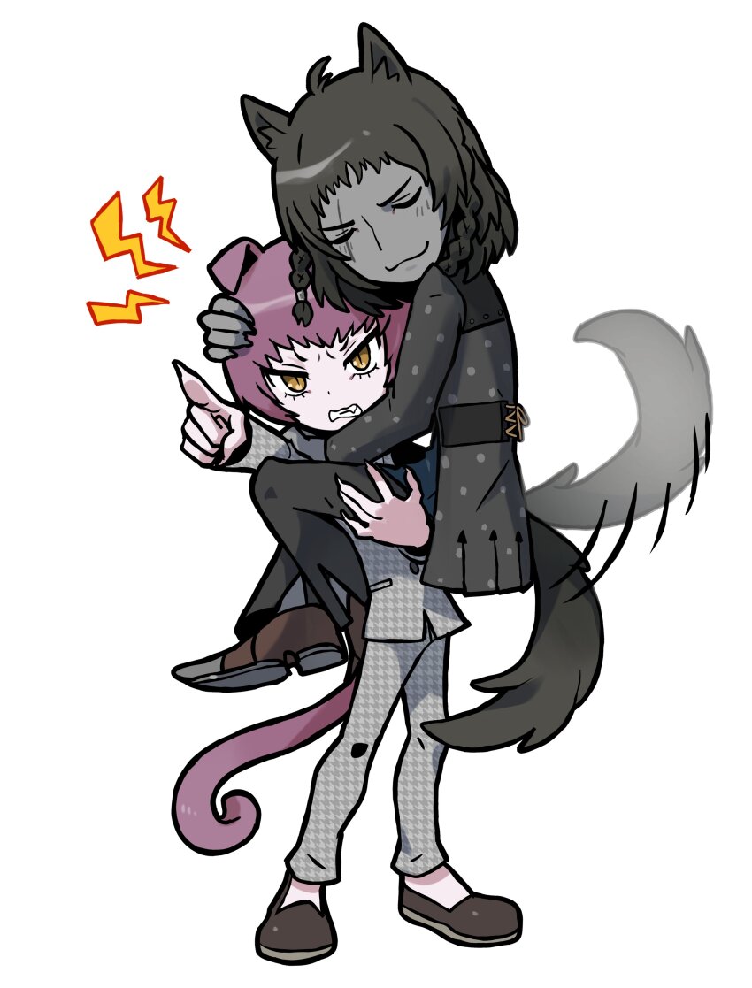 2boys :3 absurdres animal_ears arms_around_neck basilio_(metaphor:_refantazio) black_coat braid brothers brown_hair carrying carrying_person checkered_clothes claws clenched_teeth closed_eyes coat crossed_ankles dark-skinned_male dark_skin fidelio_(metaphor:_refantazio) folded_ear hand_on_another&#039;s_head highres male_focus medium_hair metaphor:_refantazio multiple_boys outstretched_arm pants patterned_clothing pointing purple_hair sach56000 siblings side_braid simple_background smile tail tail_wagging teeth v-shaped_eyebrows white_background yellow_eyes
