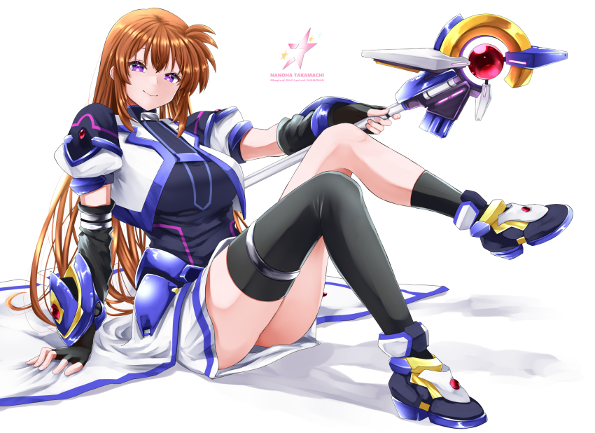 1girl asymmetrical_legwear breasts brown_hair copyright_name fingerless_gloves full_body gauntlets gloves highres holding large_breasts long_hair looking_at_viewer lyrical_nanoha mahou_shoujo_lyrical_nanoha mismatched_legwear puffy_short_sleeves puffy_sleeves purple_eyes raising_heart shadow short_sleeves sitting skirt smile solo sougetsu_izuki takamachi_nanoha thighhighs vest white_background