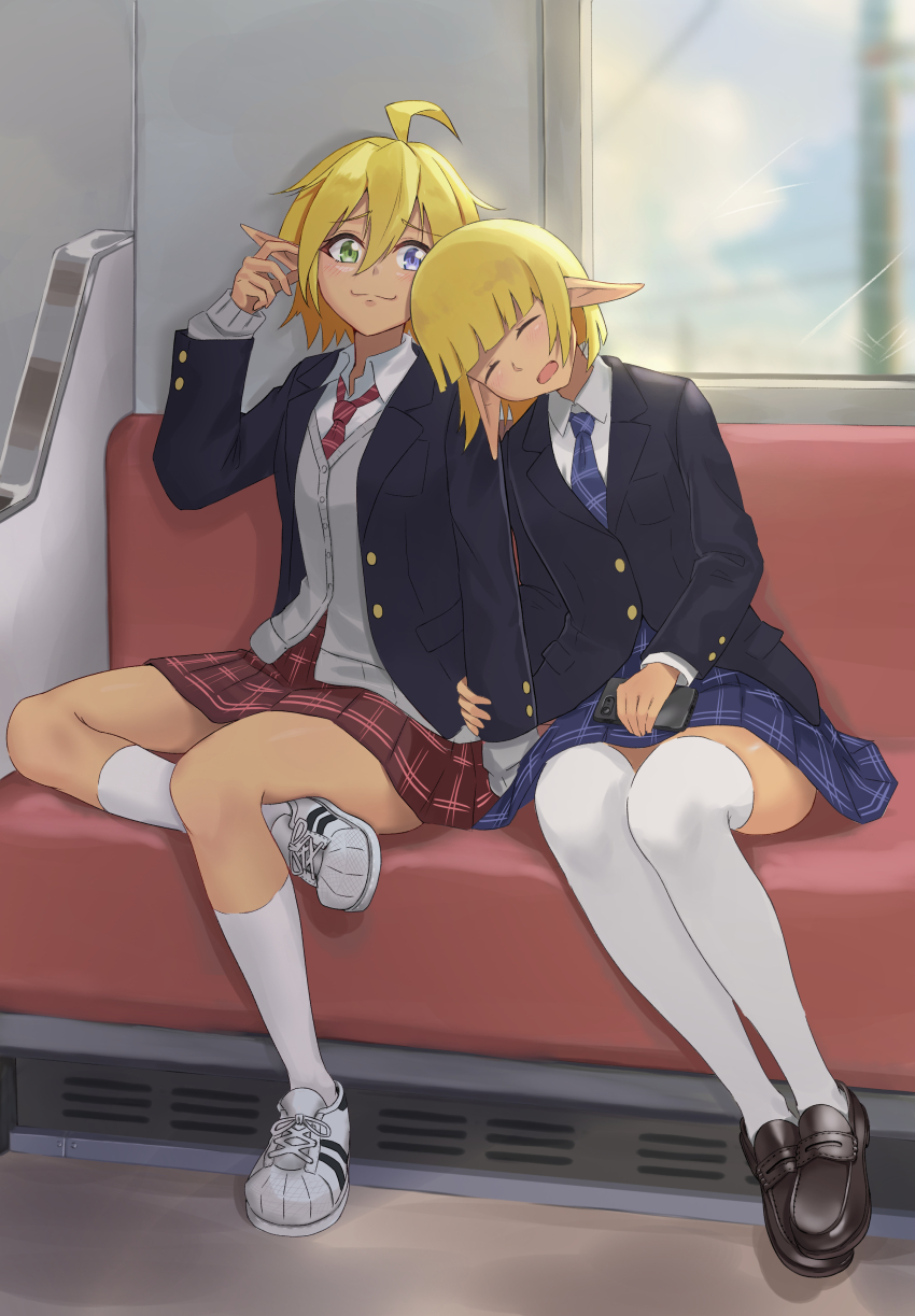1boy 1girl absurdres ahoge aura_bella_fiora blonde_hair blue_eyes blue_necktie blue_skirt blunt_bangs breasts brother_and_sister buttons cellphone collared_shirt crossdressing dark_elf elf full_body green_eyes hair_between_eyes heterochromia highres holding holding_phone jacket kneehighs light_blush long_sleeves mare_bello_fiore necktie open_clothes open_jacket open_mouth overlord_(maruyama) phone pleated_skirt pointy_ears red_necktie red_skirt reverse_trap school_uniform seat shiny_skin shirt shoes short_hair siblings sitting skirt sleeping small_breasts smartphone smile socks sweater sweater_vest thighhighs thighs tomboy tonton_utaro train train_interior trap white_shirt white_socks white_thighhighs window
