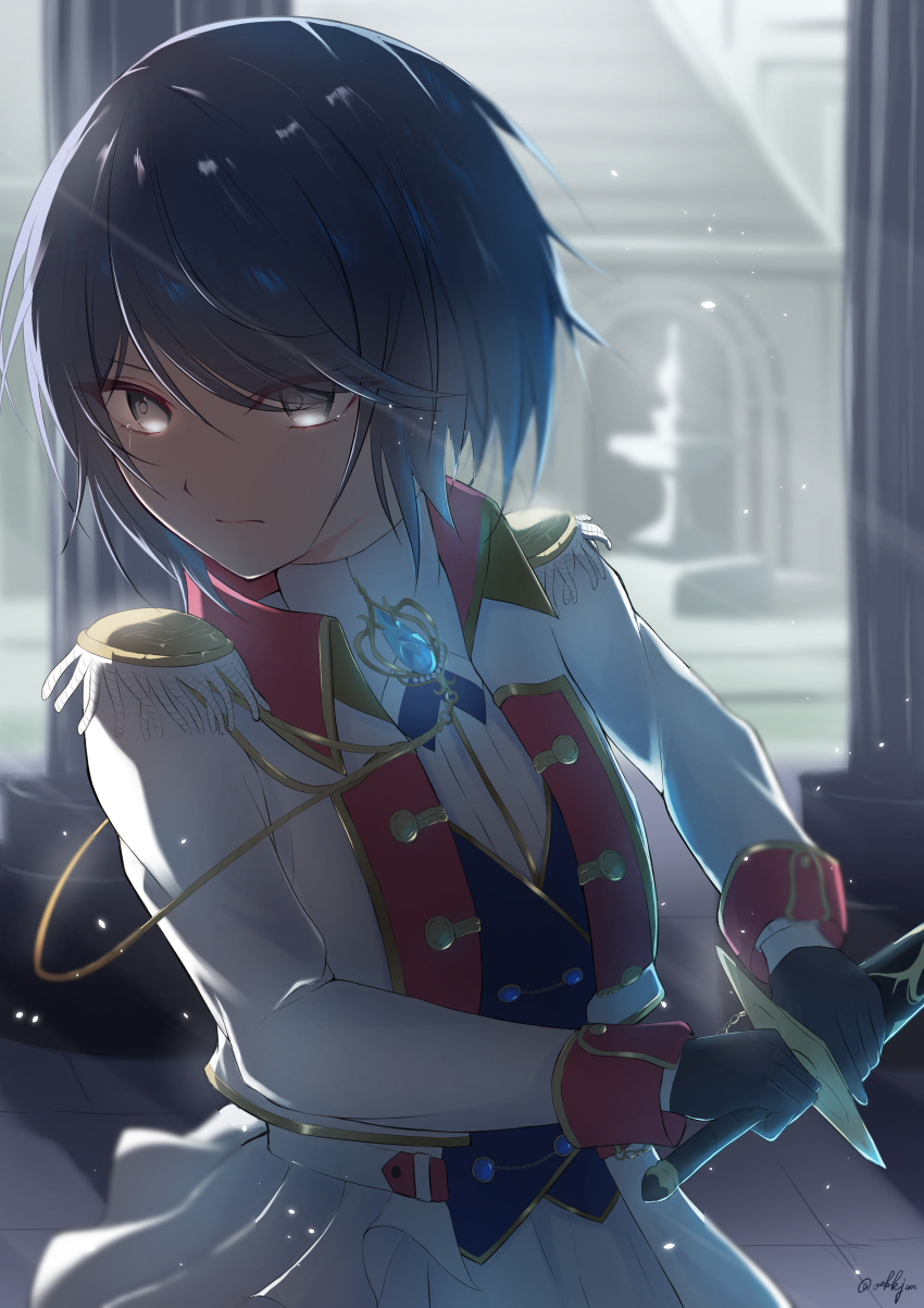 1girl absurdres aiguillette backlighting black_gloves black_hair blue_gemstone blue_vest brooch buttons collared_shirt column commentary_request cowboy_shot cropped_jacket double-breasted epaulettes expressionless fountain gem gloves grey_eyes highres holding holding_sheath holding_sword holding_weapon hoshino_ichika_(project_sekai) jacket jewelry light_particles looking_ahead oekkjan official_alternate_costume official_alternate_hair_length official_alternate_hairstyle pillar project_sekai red_sleeve_cuffs relax_teatime_(project_sekai) sheath shirt short_hair sidelocks single_tear solo swept_bangs sword tears tile_floor tiles vest weapon white_jacket white_shirt