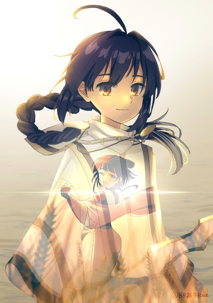 1girl 1other ahoge amenomurakumo-no-tsurugi_(fate) amulet bb2633bee black_hair braid braided_ponytail fate/samurai_remnant fate_(series) hair_between_eyes highres japanese_clothes long_sleeves looking_at_viewer ogasawara_kaya orange_eyes ototachibana-hime_(fate) sidelocks sunlight yamato_takeru_(fate)