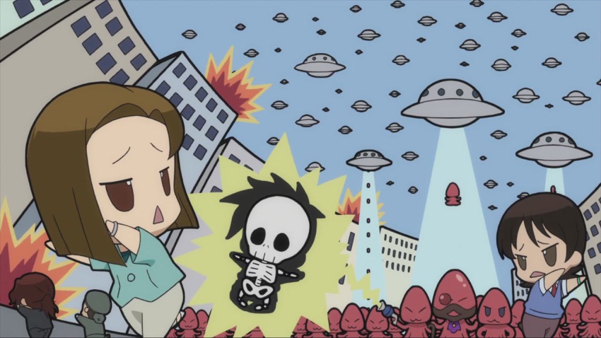 00s 1girl 3boys ali_al-saachez alien anime_screenshot chibi electricity gundam gundam_00 kinue_crossroad multiple_boys patrick_colasour saji_crossroad skeleton ufo