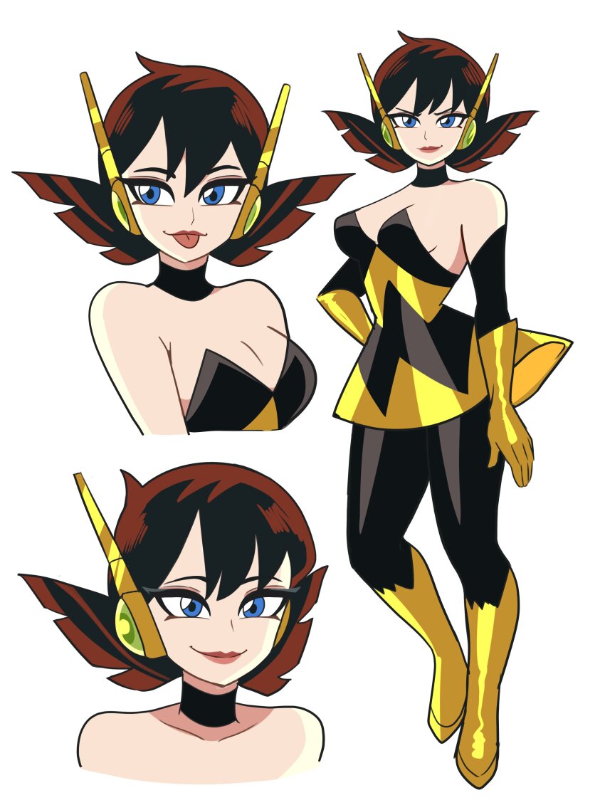 1girl absurdres ahoge arm_at_side avengers_(series) bare_shoulders bbycheese black_choker black_dress black_gloves black_pantyhose blue_eyes boots breasts brown_hair choker cleavage closed_mouth dress elbow_gloves full_body gloves hair_between_eyes hand_on_own_hip headgear highres insect_wings janet_van_dyne large_breasts lips lipstick looking_at_viewer looking_to_the_side makeup marvel medium_breasts multiple_views naughty_face neck pantyhose pink_lips short_dress short_hair simple_background smile solo standing strapless strapless_dress striped_clothes striped_dress superhero_costume the_avengers:_earth&#039;s_mightiest_heroes! tongue tongue_out upper_body wasp_(marvel) white_background wings yellow_boots yellow_dress yellow_gloves