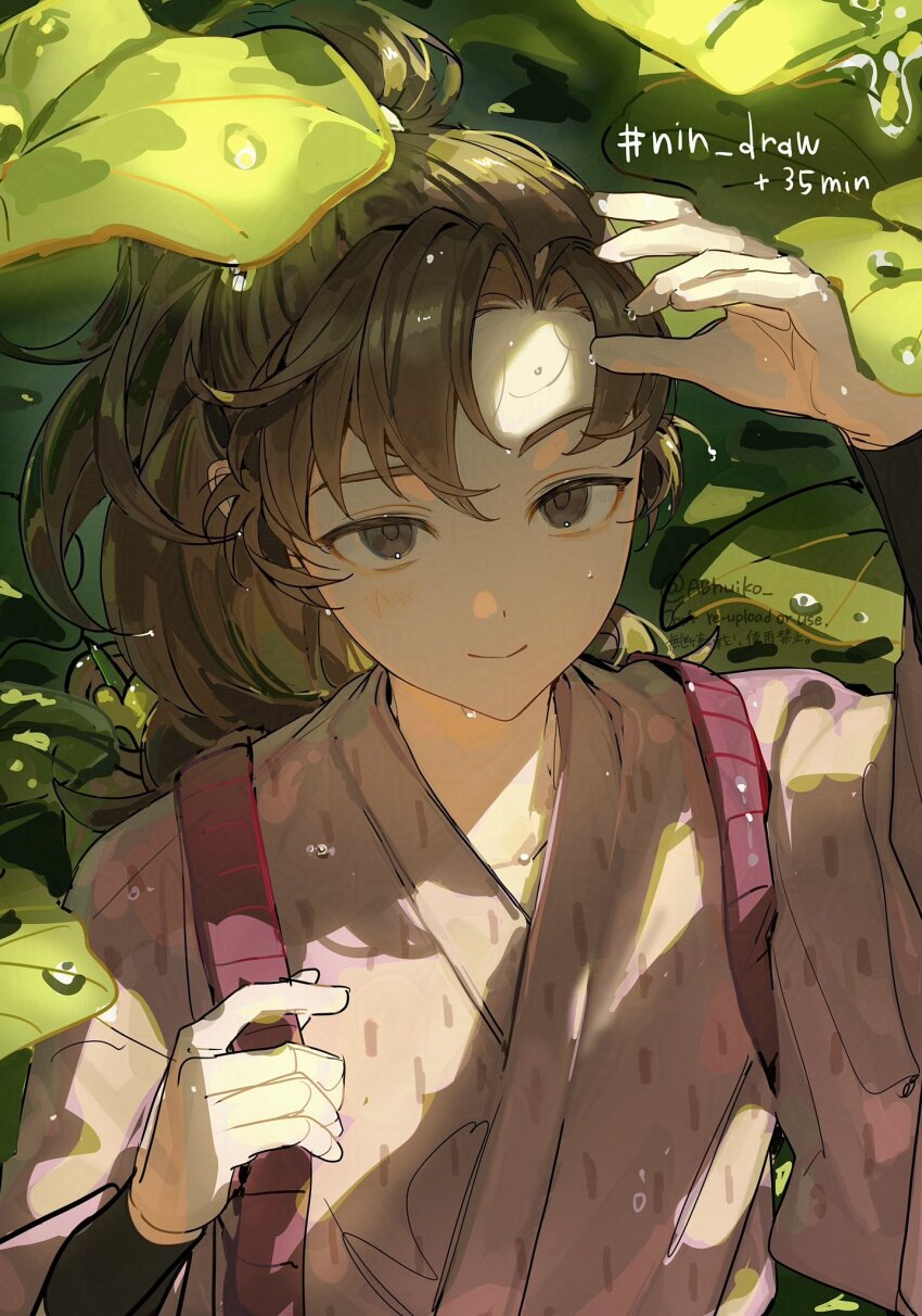 1boy abhuiko backpack_basket basket bishounen black_eyes brown_hair dew_drop high_ponytail highres japanese_clothes kimono long_hair male_focus outdoors plant ponytail purple_kimono rakudai_ninja_rantarou shaded_face solo sunlight twitter_username water_drop zenpouji_isaku