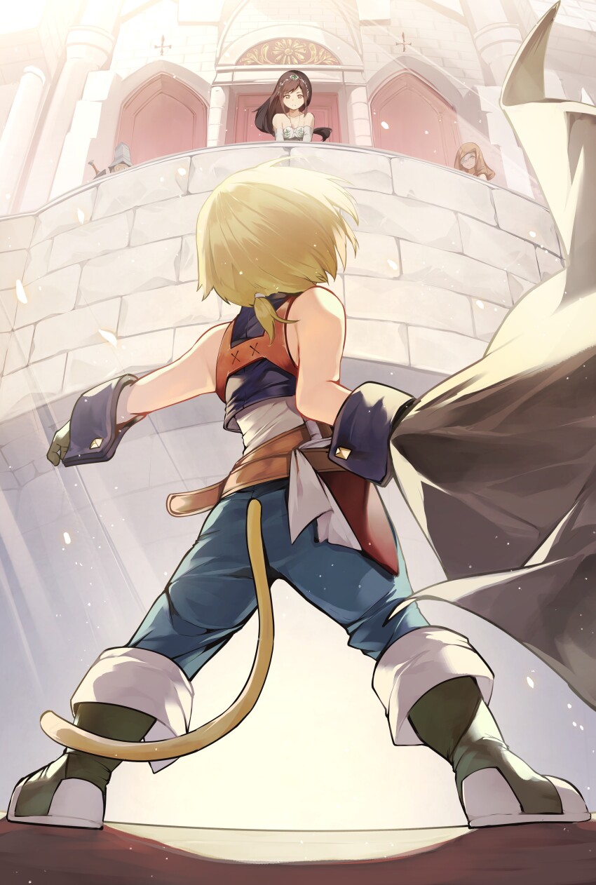 2boys 2girls absurdres adelbert_steiner armor bare_shoulders beatrix_(ff9) black_hair blonde_hair blue_pants boots brown_eyes brown_hair closed_mouth commentary_request dress elbow_gloves eyepatch final_fantasy final_fantasy_ix floating_hair from_behind garnet_til_alexandros_xvii gloves green_boots highres knight lion_tail long_hair looking_at_another looking_down multiple_boys multiple_girls one_eye_covered pants ponytail risumi_(taka-fallcherryblossom) short_hair short_ponytail smile sword tail weapon white_dress white_gloves zidane_tribal