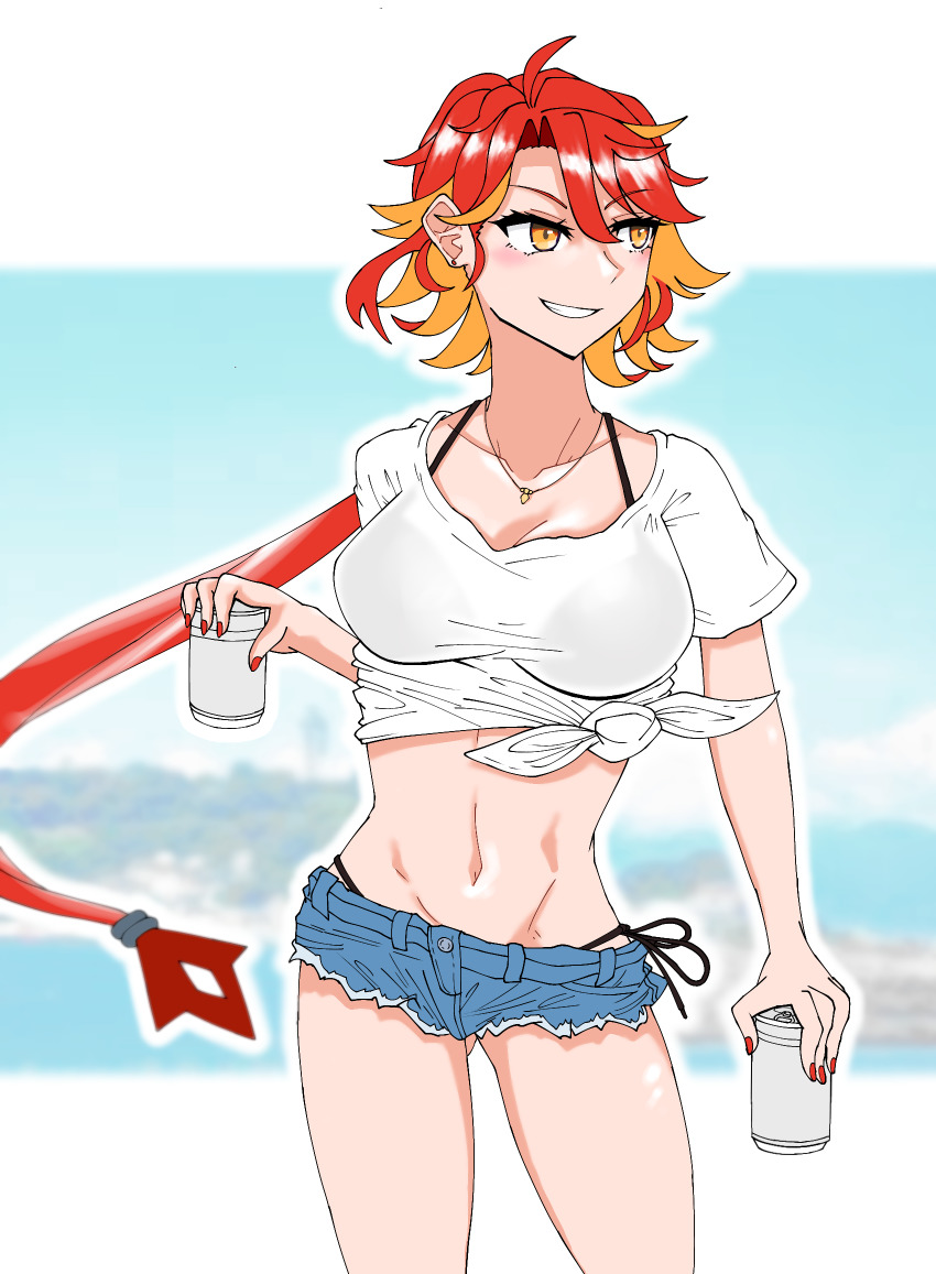 36rt alternate_costume azur_lane beach beer_can belly bikini bikini_under_clothes black_bikini blurry blurry_background blush bra_visible_through_clothes breasts can casual denim denim_shorts drink_can earrings gold_necklace hair_ornament highres holding holding_can jewelry looking_to_the_side nail_polish necklace orange_hair phoenix_(azur_lane) ponytail shirt short_shorts shorts smile string_bikini swimsuit t-shirt thighs tied_shirt yellow_eyes