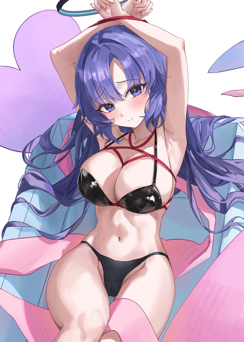 1girl absurdres bikini black_bikini black_halo blue_archive blush bound bound_wrists breasts collarbone halo hido88 highres large_breasts long_hair mechanical_halo navel purple_eyes purple_hair simple_background solo swimsuit tied_up_(nonsexual) white_background yuuka_(blue_archive)