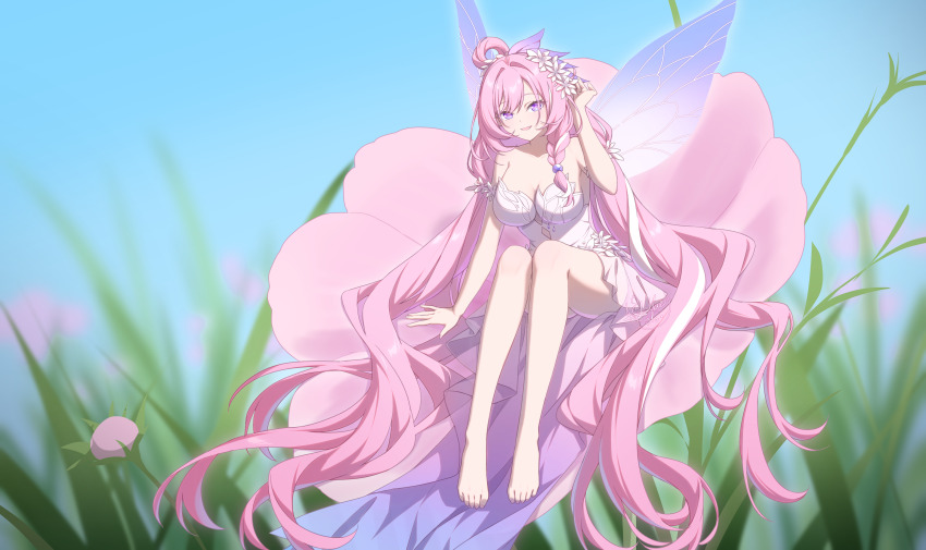 1girl absurdly_long_hair absurdres alternate_costume bare_legs bare_shoulders barefoot braid breasts chinese_commentary cleavage commentary_request cutout_above_navel dress elysia_(honkai_impact) feet flower hair_flower hair_ornament hand_up highres honkai_(series) honkai_impact_3rd large_breasts legs long_hair looking_at_viewer luyue multicolored_hair open_mouth pink_hair purple_eyes purple_wings sitting smile solo strapless strapless_dress streaked_hair toes very_long_hair white_dress white_flower wings