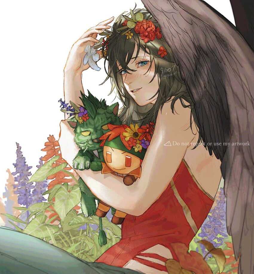 1girl 91007 artist_name bare_arms bare_shoulders bird_wings black_hair black_wings blue_eyes character_doll commentary crossed_bangs doll feathered_wings fire_emblem fire_emblem:_path_of_radiance fire_emblem:_radiant_dawn flower hair_between_eyes hair_flower hair_ornament hand_up highres holding holding_doll leaf long_hair looking_at_viewer messy_hair muarim_(fire_emblem) nintendo parted_lips plant purple_flower red_flower red_shirt shirt simple_background smile solo symbol-only_commentary tormod_(fire_emblem) twitter_username vika_(fire_emblem) white_background white_flower wings yellow_flower