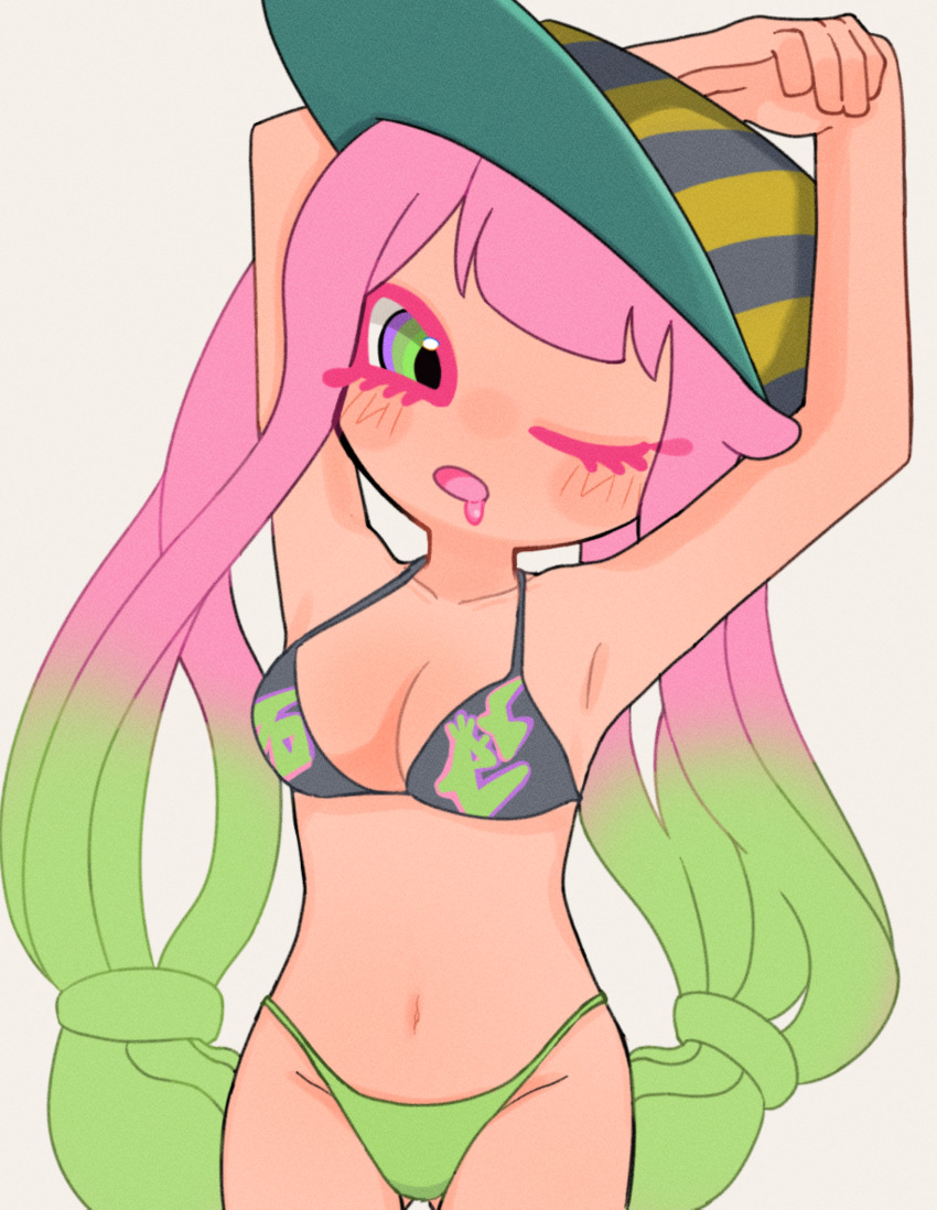 1girl absurdres arms_up baseball_cap bikini black_bikini blush breasts cleavage collarbone drooling green_bikini green_eyes green_hair green_hat grey_background harmony_(splatoon) hat highres long_hair looking_at_viewer multicolored_hair navel nintendo one_eye_closed open_mouth p_12pm pink_hair print_bikini sea_anemone small_breasts splatoon_(series) splatoon_3 standing stretching striped_clothes striped_headwear swimsuit two-tone_hair
