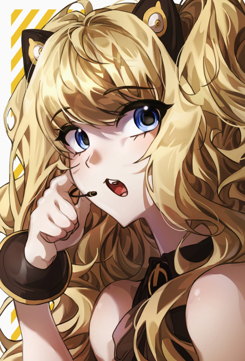 1girl absurdres animal_ear_headphones animal_ears armband bare_shoulders blonde_hair blue_eyes cat_ear_headphones diagonal-striped_background fake_animal_ears hand_up headphones highres long_hair looking_at_viewer microphone neck_ribbon open_mouth ribbon seeu shirt sleeveless sleeveless_shirt solo striped_background teeth tongue vocaloid white_background yang0602222 yellow_background yellow_shirt