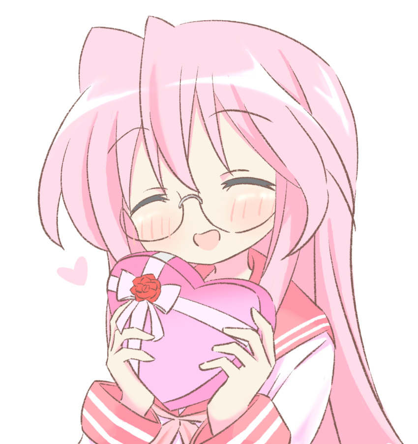 1girl box closed_eyes glasses happy heart heart-shaped_box highres holding holding_box kmym97457689 long_hair long_sleeves lucky_star neckerchief open_mouth pink_neckerchief pink_sailor_collar ryouou_school_uniform sailor_collar school_uniform shirt simple_background smile solo takara_miyuki upper_body valentine white_background white_shirt