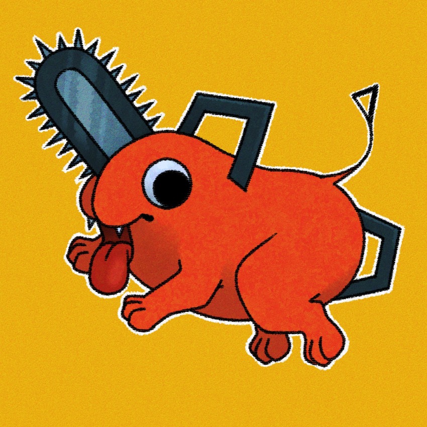 animal_focus black_eyes chainsaw chainsaw_man cryptidhermit fangs full_body highres no_humans open_mouth pochita_(chainsaw_man) solo tongue tongue_out yellow_background