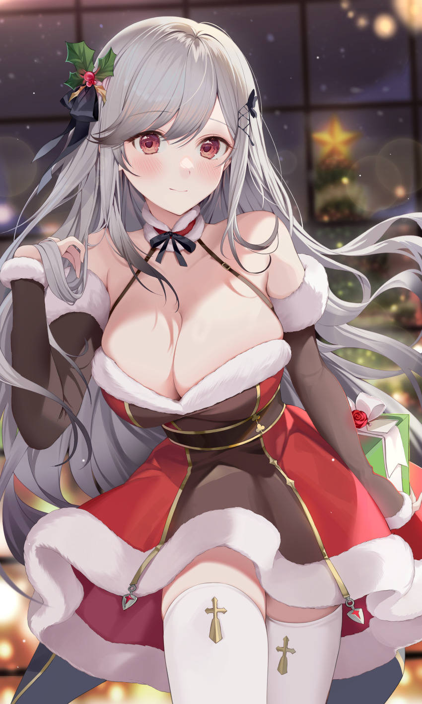 1girl absurdres azur_lane blush breasts butterfly_hair_ornament choker christmas cleavage commission detached_sleeves dress dunkerque_(azur_lane) grey_hair hair_ornament halterneck highres ion_(on01e) large_breasts long_hair looking_at_viewer pixiv_commission red_eyes sidelocks solo very_long_hair