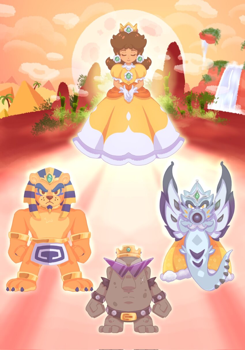1girl brown_hair claws closed_eyes crown day desert dragonzamasu dress earrings expressionless flower_earrings frown full_body gloves grass hiyoihoi jewelry keidontlie king_totomesu looking_at_viewer mario_(series) nintendo orange_dress palm_tree princess_daisy puffy_short_sleeves puffy_sleeves red_eyes serious short_sleeves sunglasses super_mario_land tree water waterfall
