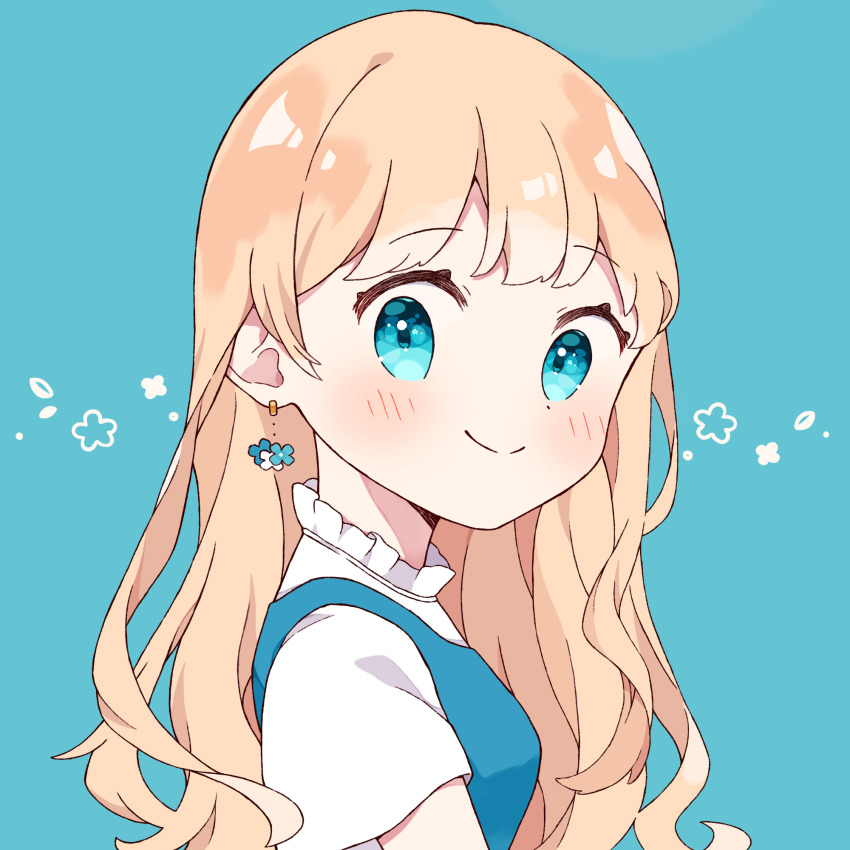 1girl aqua_background aqua_eyes aqua_vest blonde_hair blue_eyes blush closed_mouth collar collared_shirt commentary_request earrings flower_earrings frilled_collar frills from_side highres ibispaint_(medium) jewelry long_hair looking_at_viewer looking_to_the_side mole mole_under_eye napo_(napo_illust) no_nose original shirt short_sleeves simple_background smile solo split_mouth turning_head upper_body variant_set vest white_shirt