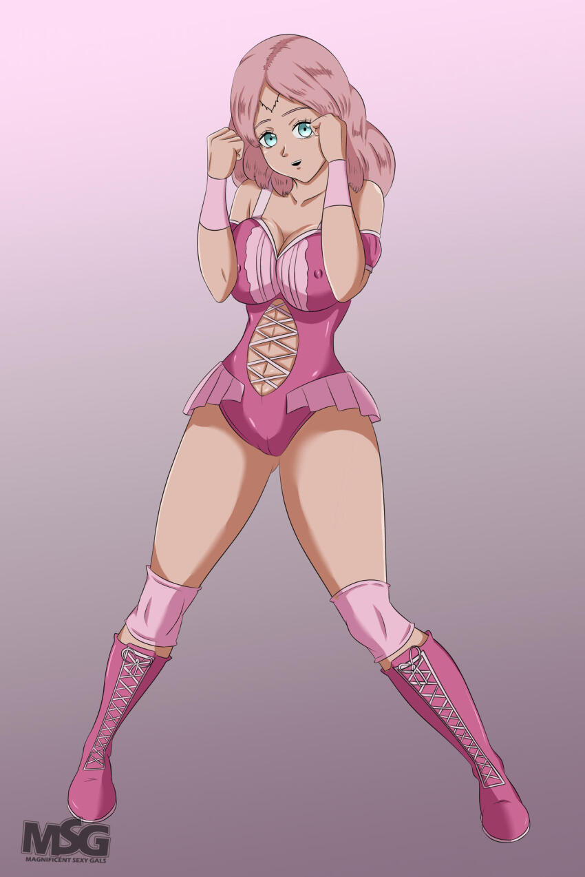 1girl black_clover blue_eyes breasts fana_(black_clover) large_breasts leotard magnificentsexygals pink_hair smile wrestling wrestling_outfit