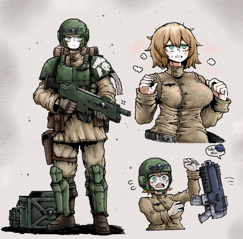 1boy 1girl adeptus_astartes ammunition_box ammunition_pouch astra_militarum belt blonde_hair bolter collar cropped_torso explosive gloves green_eyes grenade helmet highres imperium_of_man lasgun military_uniform multiple_views octosoup pouch purity_seal shirt short_hair skull soldier sweat warhammer_40k weapon