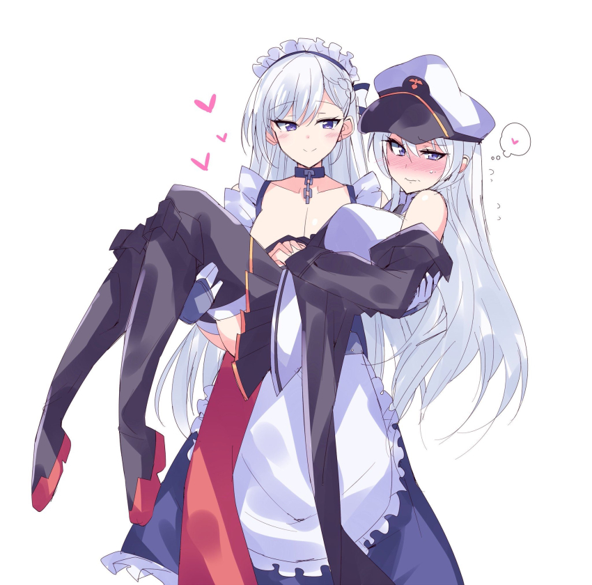 2girls apron azur_lane bare_shoulders belfast_(azur_lane) black_neckwear blush boots braid breasts carrying chain coat collar dress embarrassed enterprise_(azur_lane) frills gloves hat heart highres himiya_jouzu knee_boots large_breasts long_hair looking_at_viewer maid maid_headdress multiple_girls necktie off_shoulder peaked_cap princess_carry purple_eyes shirt simple_background skirt sleeveless sleeveless_shirt smile speech_bubble sweatdrop thighhighs thought_bubble very_long_hair white_background white_gloves white_hair yuri
