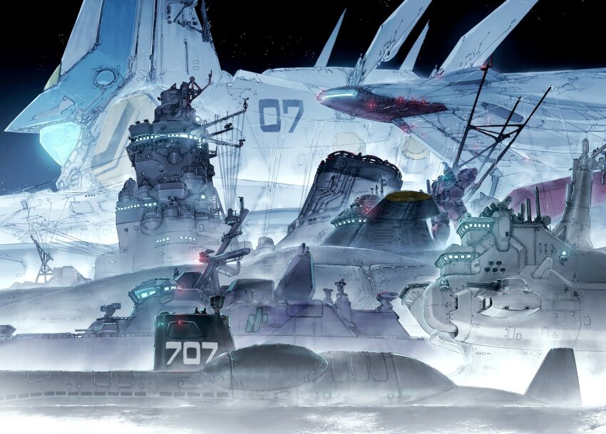 after_war_gundam_x battle_7 battleship brigandier crossover freeden_(gundam_x) from_side glowing gundam highres i-iv_(longman) kidou_senkan_nadesico kidou_senkan_nadesico_-_prince_of_darkness landship macross macross_7 mecha military military_vehicle multiple_crossover nadesico_(kidou_senkan_nadesico) no_humans pascal_mage robot science_fiction ship spacecraft submarine submarine_707_(ship) submarine_707r tactical_roar vehicle_focus warship water watercraft xenogears yamato_(battleship) yggdrasil_(xenogears)