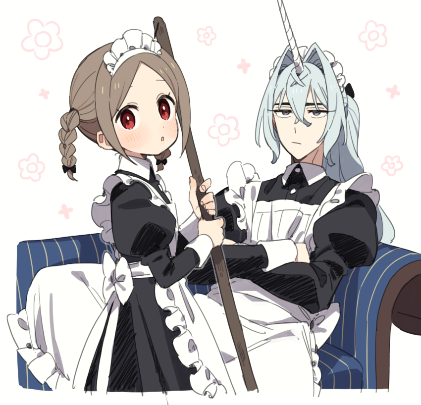 1boy 1girl apron black_dress blue_hair braid broom brown_hair chaise_longue crossdressing dress grey_eyes lily_(moyori) long_hair maid moyori original ponytail red_eyes sitting twin_braids unicorn_(moyori) unicorn_boy unicorn_horn white_apron