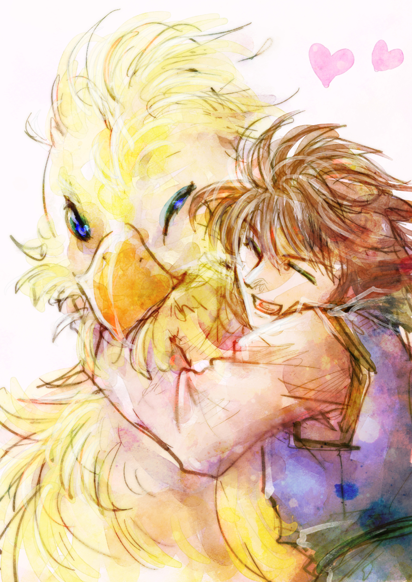 1boy absurdres bartz_klauser bird blue_tunic boco brown_hair chocobo commentary_request feathers final_fantasy final_fantasy_v hayato_sgs heart highres hug one_eye_closed open_mouth short_hair simple_background sketch smile tunic upper_body white_background yellow_bird yellow_feathers