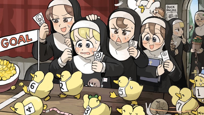 &gt;_&lt; 6+girls :d ^_^ animal animal_on_head ant bandaid bandaid_on_face bandaid_on_nose betting_ticket bible_(object) bird bird_on_head blonde_hair blue_hat book bowl brown_hair bug burger cat chicken chocolate_chip_cookie clenched_hands closed_eyes clumsy_nun_(diva) commentary cookie cookie_jar corn curtains diva_(hyxpk) doorway duck duckling earthworm english_commentary feathers finger_to_mouth finish_line flower_pot food frog_headband froggy_nun_(diva) gambling glasses glasses_nun_(diva) goose grey_hair habit hand_on_another&#039;s_head hat hedgehog highres holding holding_book holding_flower_pot holding_paper holding_pot hugging_book hugging_object hungry_nun_(diva) insect kitten leaf_nun_(diva) little_nuns_(diva) mole_(animal) multiple_girls nervous_sweating numbered nun on_head open_mouth ostrich paper poster_(object) pot pulling racing red_hair rubber_band shushing silhouette slice_of_life smile snail soil spicy_nun_(diva) star_nun_(diva) sweat ticket traditional_nun