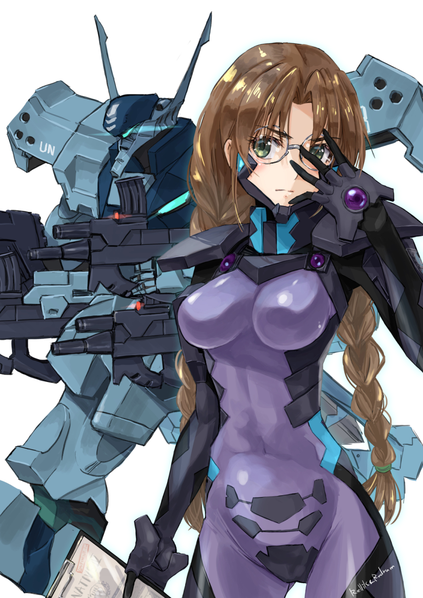 1girl adjusting_eyewear armored_bodysuit assault_visor blue_bodysuit bodysuit braid breasts brown_hair commentary_request covered_navel fortified_suit glasses green_eyes green_visor gun highres holding holding_gun holding_notepad holding_weapon impossible_bodysuit impossible_clothes jun_(rellik_&amp;_redrum) long_hair mecha mecha_pilot_suit medium_breasts muv-luv muv-luv_alternative notepad robot round_eyewear sakaki_chizuru science_fiction see-through_bodysuit see-through_clothes skin_tight solo tactical_surface_fighter twin_braids type_94_shiranui united_nations weapon