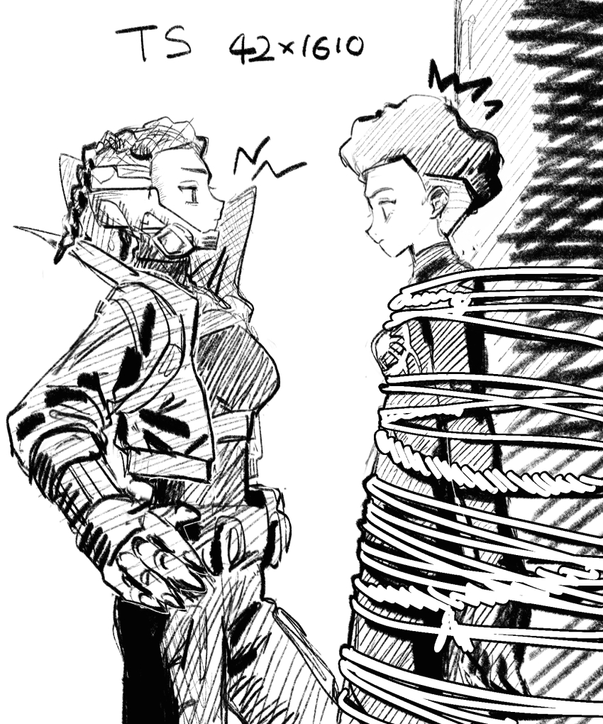 2girls bodysuit bound braid claws commentary_request cornrows cropped_jacket derivative_work genderswap genderswap_(mtf) greyscale hands_on_own_hips high_collar highres marvel monochrome multiple_girls prowler_(marvel) short_hair simple_background spider-man:_across_the_spider-verse spider-man_(miles_morales) spider-man_(series) spider-verse superhero_costume tami_tome_mo tied_up_(nonsexual) twin_braids undercut very_short_hair white_background